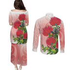 New Zealand Fantail Couples Matching Puletasi and Long Sleeve Button Shirt Maori Koru With Pohutukawa Flowers - Aussie Hoodie