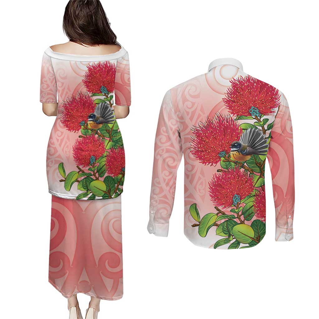 New Zealand Fantail Couples Matching Puletasi and Long Sleeve Button Shirt Maori Koru With Pohutukawa Flowers - Aussie Hoodie