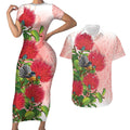 New Zealand Fantail Couples Matching Short Sleeve Bodycon Dress and Hawaiian Shirt Maori Koru With Pohutukawa Flowers - Aussie Hoodie
