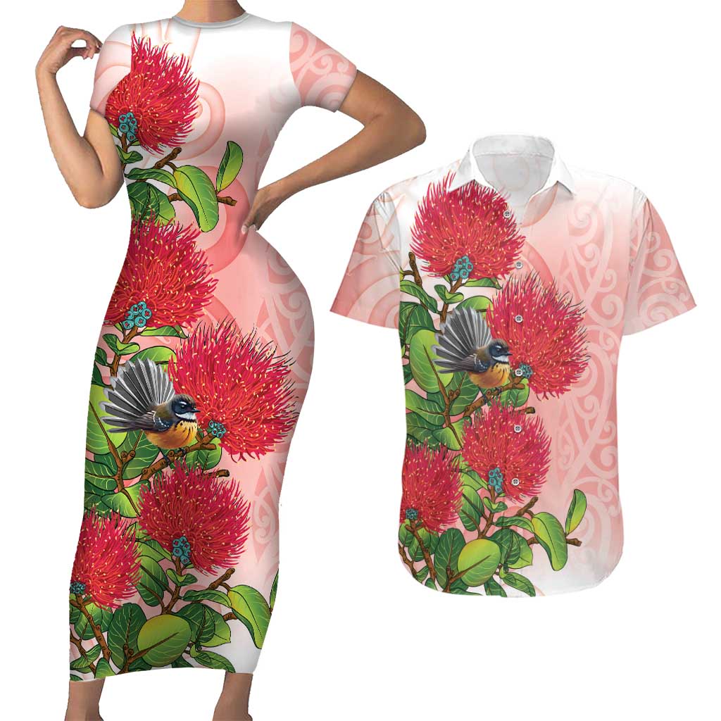 New Zealand Fantail Couples Matching Short Sleeve Bodycon Dress and Hawaiian Shirt Maori Koru With Pohutukawa Flowers - Aussie Hoodie