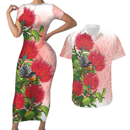 New Zealand Fantail Couples Matching Short Sleeve Bodycon Dress and Hawaiian Shirt Maori Koru With Pohutukawa Flowers - Aussie Hoodie
