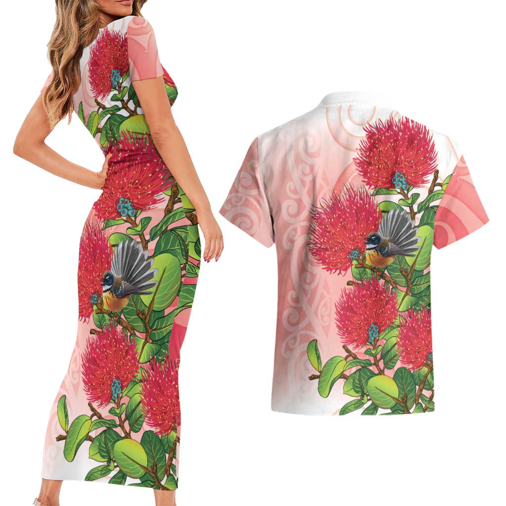 New Zealand Fantail Couples Matching Short Sleeve Bodycon Dress and Hawaiian Shirt Maori Koru With Pohutukawa Flowers - Aussie Hoodie