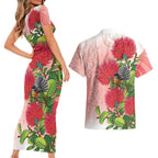 New Zealand Fantail Couples Matching Short Sleeve Bodycon Dress and Hawaiian Shirt Maori Koru With Pohutukawa Flowers - Aussie Hoodie