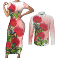 New Zealand Fantail Couples Matching Short Sleeve Bodycon Dress and Long Sleeve Button Shirt Maori Koru With Pohutukawa Flowers - Aussie Hoodie