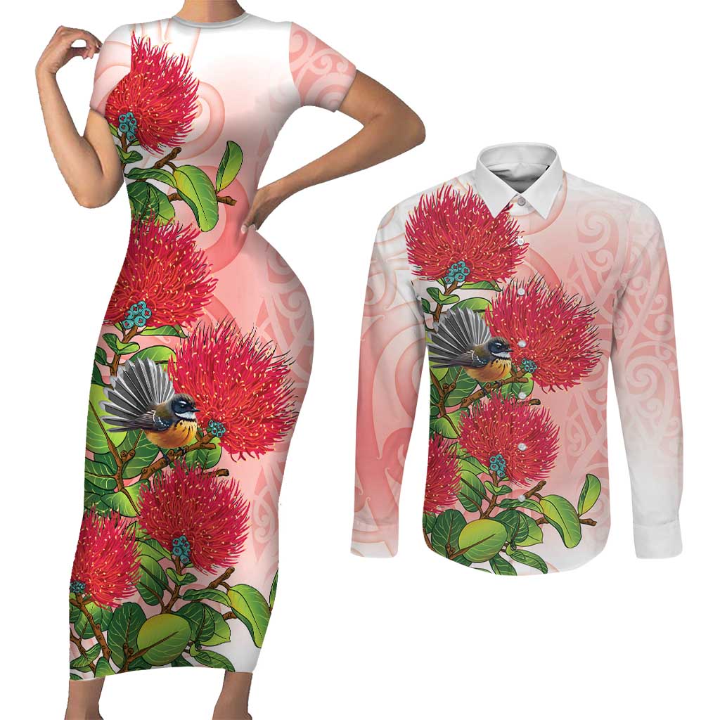 New Zealand Fantail Couples Matching Short Sleeve Bodycon Dress and Long Sleeve Button Shirt Maori Koru With Pohutukawa Flowers - Aussie Hoodie