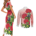New Zealand Fantail Couples Matching Short Sleeve Bodycon Dress and Long Sleeve Button Shirt Maori Koru With Pohutukawa Flowers - Aussie Hoodie