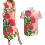 New Zealand Fantail Couples Matching Summer Maxi Dress and Hawaiian Shirt Maori Koru With Pohutukawa Flowers - Aussie Hoodie