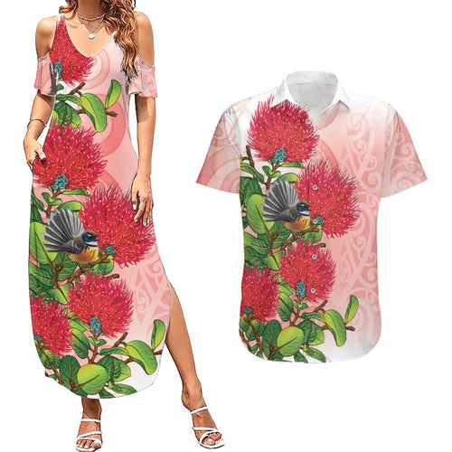 New Zealand Fantail Couples Matching Summer Maxi Dress and Hawaiian Shirt Maori Koru With Pohutukawa Flowers - Aussie Hoodie
