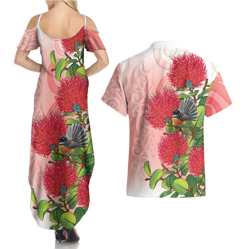 New Zealand Fantail Couples Matching Summer Maxi Dress and Hawaiian Shirt Maori Koru With Pohutukawa Flowers - Aussie Hoodie