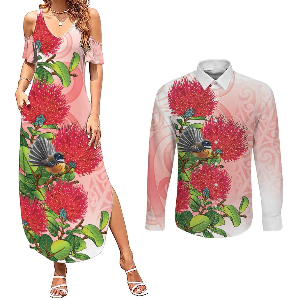 New Zealand Fantail Couples Matching Summer Maxi Dress and Long Sleeve Button Shirt Maori Koru With Pohutukawa Flowers - Aussie Hoodie