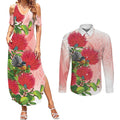 New Zealand Fantail Couples Matching Summer Maxi Dress and Long Sleeve Button Shirt Maori Koru With Pohutukawa Flowers - Aussie Hoodie