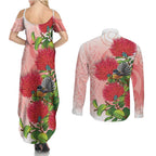 New Zealand Fantail Couples Matching Summer Maxi Dress and Long Sleeve Button Shirt Maori Koru With Pohutukawa Flowers - Aussie Hoodie