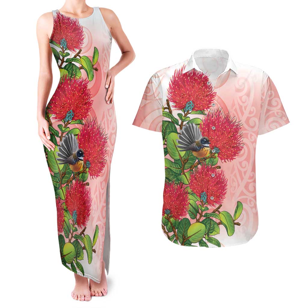 New Zealand Fantail Couples Matching Tank Maxi Dress and Hawaiian Shirt Maori Koru With Pohutukawa Flowers - Aussie Hoodie
