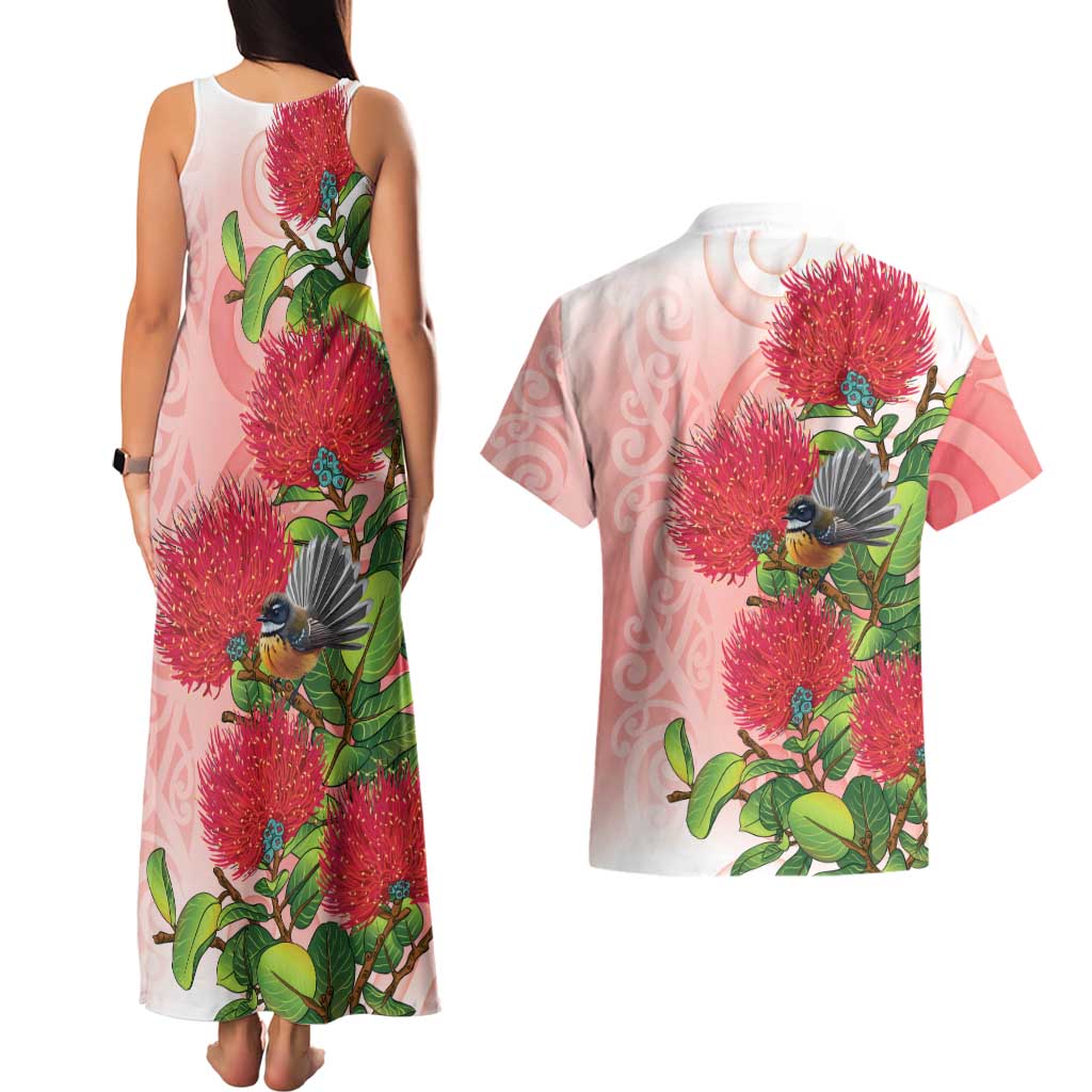New Zealand Fantail Couples Matching Tank Maxi Dress and Hawaiian Shirt Maori Koru With Pohutukawa Flowers - Aussie Hoodie