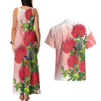 New Zealand Fantail Couples Matching Tank Maxi Dress and Hawaiian Shirt Maori Koru With Pohutukawa Flowers - Aussie Hoodie