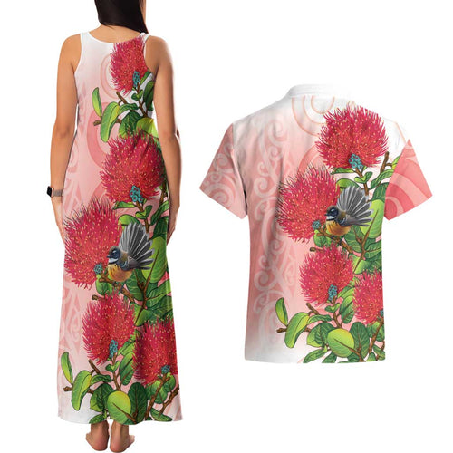 New Zealand Fantail Couples Matching Tank Maxi Dress and Hawaiian Shirt Maori Koru With Pohutukawa Flowers - Aussie Hoodie