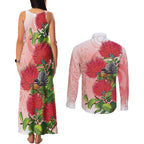 New Zealand Fantail Couples Matching Tank Maxi Dress and Long Sleeve Button Shirt Maori Koru With Pohutukawa Flowers - Aussie Hoodie