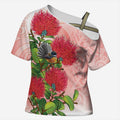 New Zealand Fantail Cross Shoulder Shirt Maori Koru With Pohutukawa Flowers - Aussie Hoodie
