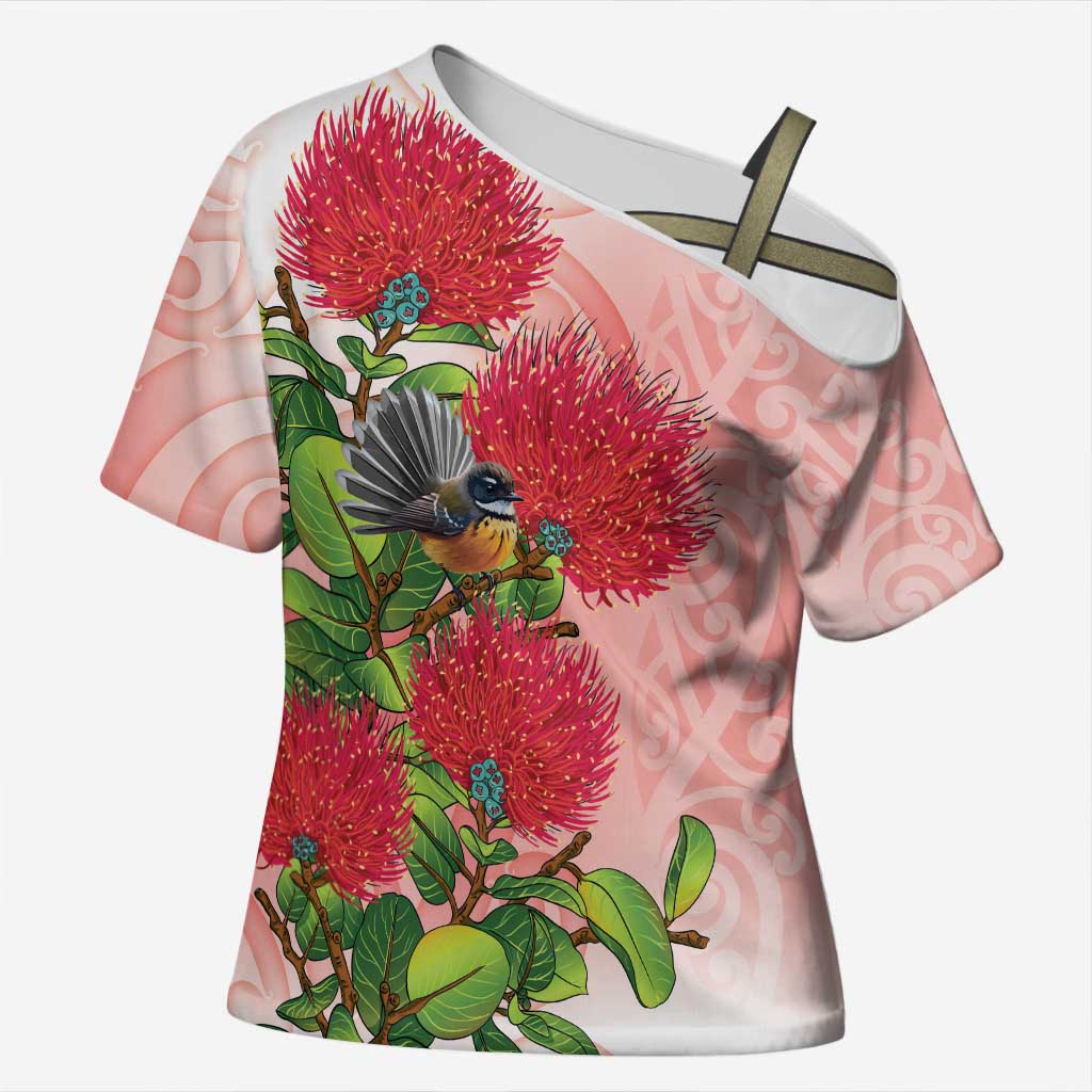 New Zealand Fantail Cross Shoulder Shirt Maori Koru With Pohutukawa Flowers - Aussie Hoodie