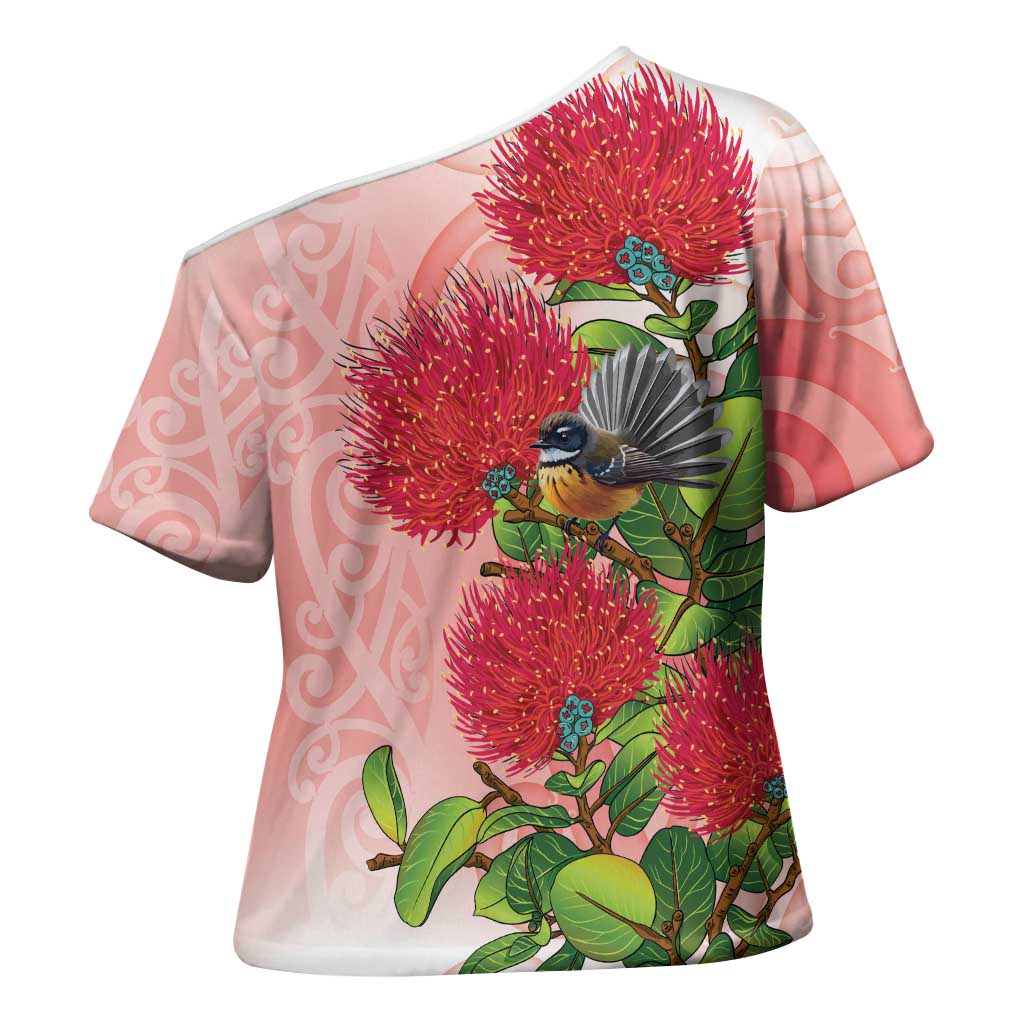 New Zealand Fantail Cross Shoulder Shirt Maori Koru With Pohutukawa Flowers - Aussie Hoodie