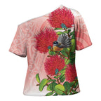 New Zealand Fantail Cross Shoulder Shirt Maori Koru With Pohutukawa Flowers - Aussie Hoodie