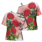 New Zealand Fantail Cross Shoulder Shirt Maori Koru With Pohutukawa Flowers - Aussie Hoodie