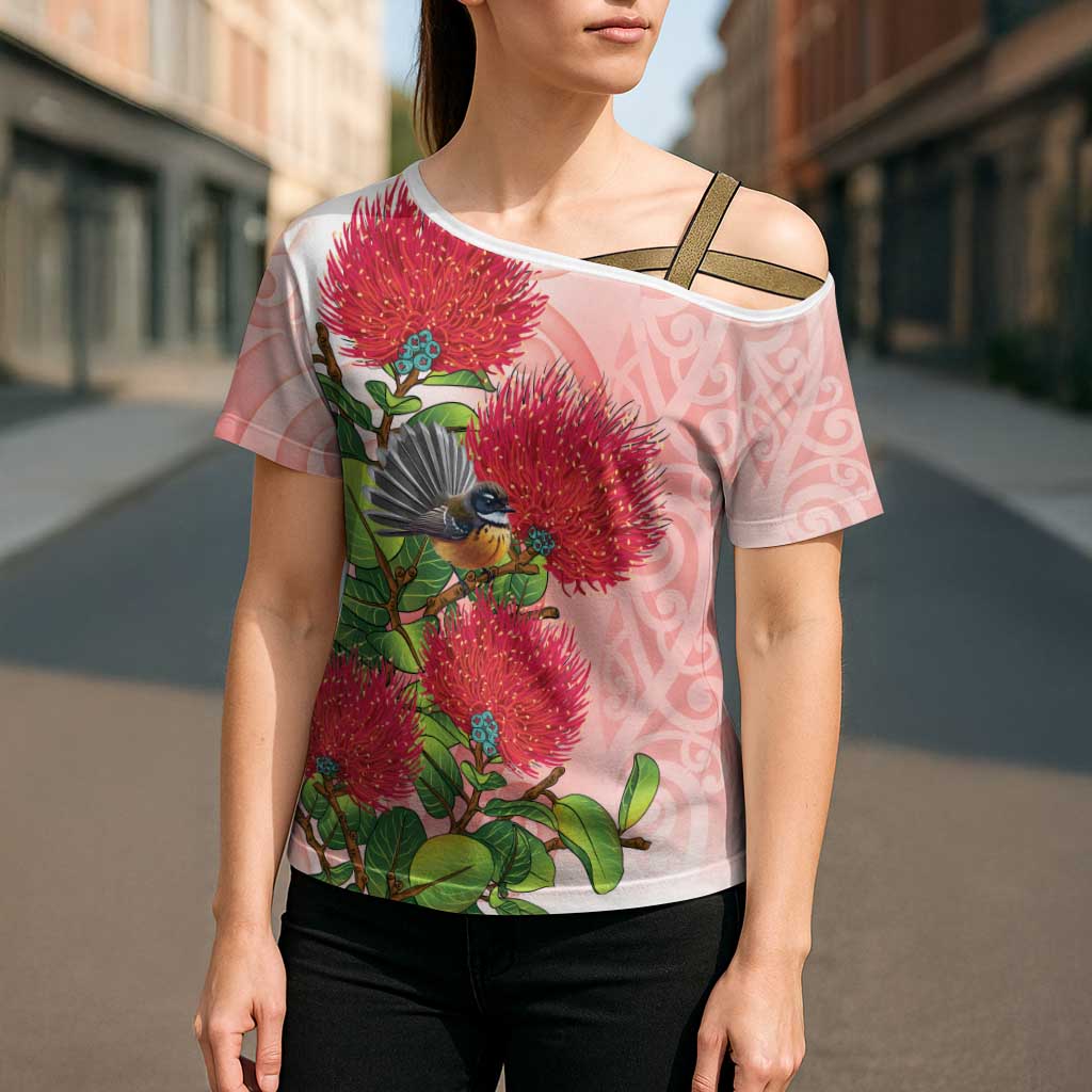 New Zealand Fantail Cross Shoulder Shirt Maori Koru With Pohutukawa Flowers - Aussie Hoodie