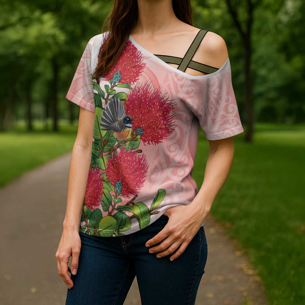 New Zealand Fantail Cross Shoulder Shirt Maori Koru With Pohutukawa Flowers - Aussie Hoodie