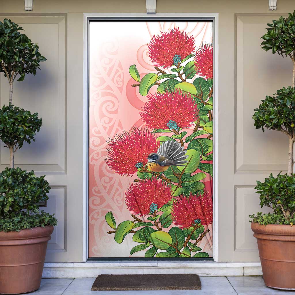 New Zealand Fantail Door Cover Maori Koru With Pohutukawa Flowers - Aussie Hoodie