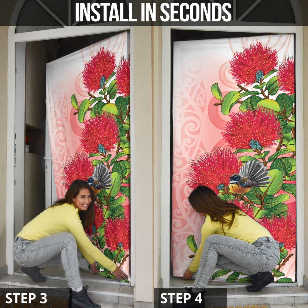 New Zealand Fantail Door Cover Maori Koru With Pohutukawa Flowers - Aussie Hoodie