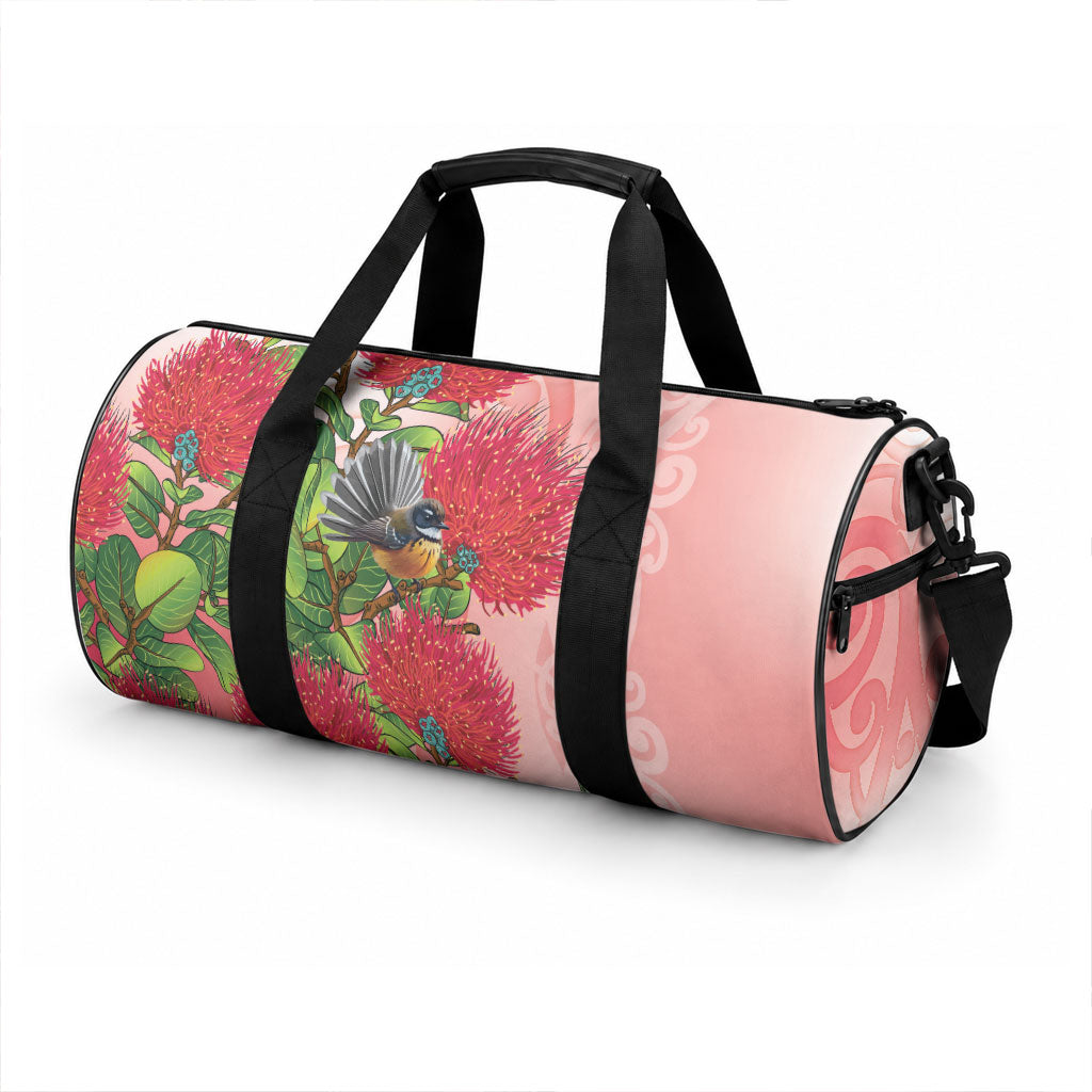 New Zealand Fantail Duffle Bag Maori Koru With Pohutukawa Flowers