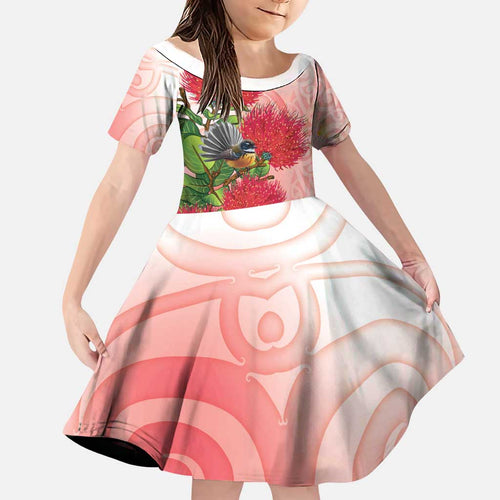 New Zealand Fantail Family Matching Long Sleeve Bodycon Dress and Hawaiian Shirt Maori Koru With Pohutukawa Flowers