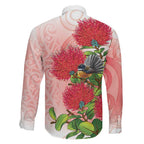 New Zealand Fantail Family Matching Long Sleeve Bodycon Dress and Hawaiian Shirt Maori Koru With Pohutukawa Flowers