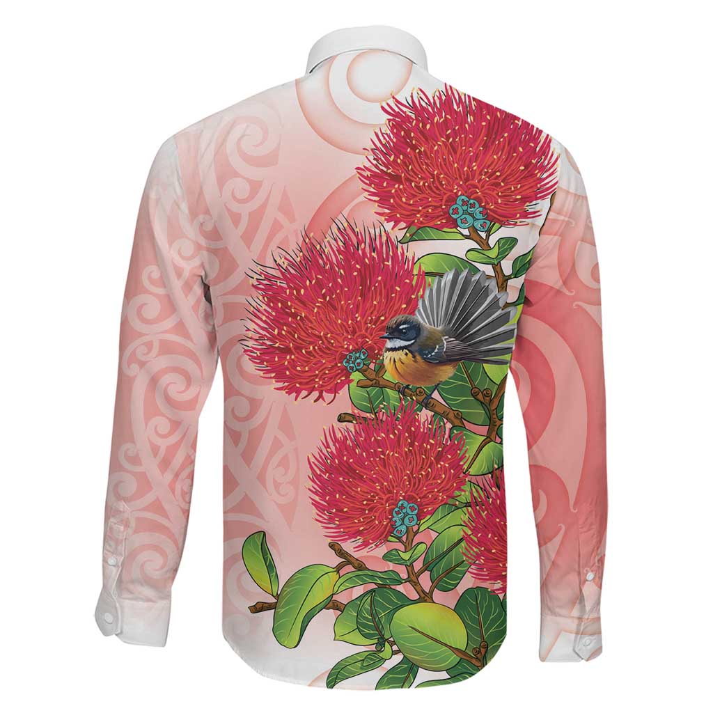 New Zealand Fantail Family Matching Off The Shoulder Long Sleeve Dress and Hawaiian Shirt Maori Koru With Pohutukawa Flowers