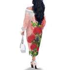 New Zealand Fantail Family Matching Off The Shoulder Long Sleeve Dress and Hawaiian Shirt Maori Koru With Pohutukawa Flowers