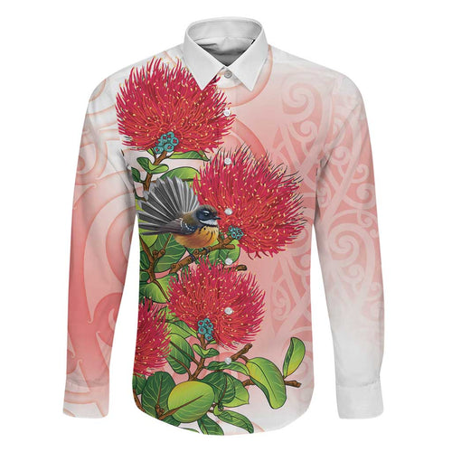 New Zealand Fantail Family Matching Off Shoulder Maxi Dress and Hawaiian Shirt Maori Koru With Pohutukawa Flowers