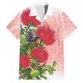 New Zealand Fantail Family Matching Short Sleeve Bodycon Dress and Hawaiian Shirt Maori Koru With Pohutukawa Flowers