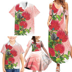 New Zealand Fantail Family Matching Summer Maxi Dress and Hawaiian Shirt Maori Koru With Pohutukawa Flowers