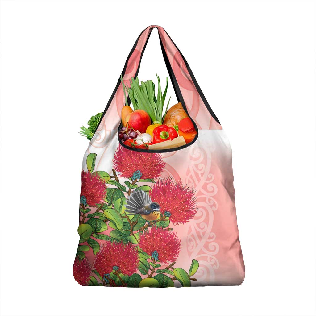 New Zealand Fantail Grocery Bag Maori Koru With Pohutukawa Flowers - Aussie Hoodie