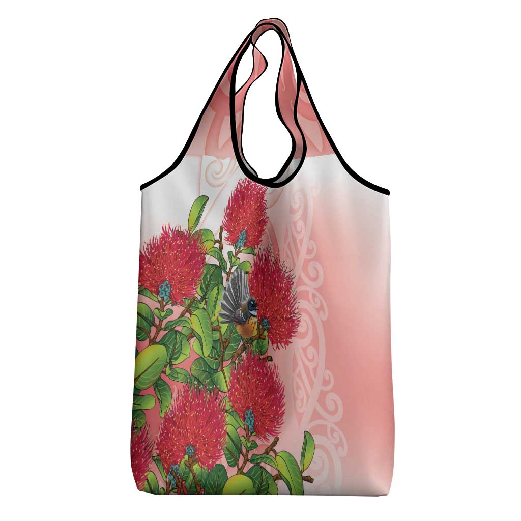 New Zealand Fantail Grocery Bag Maori Koru With Pohutukawa Flowers - Aussie Hoodie
