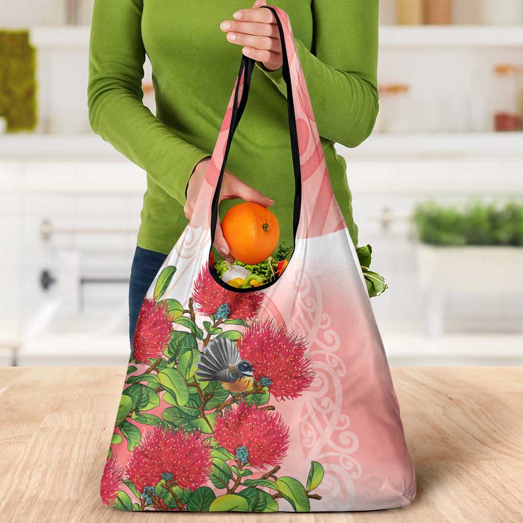 New Zealand Fantail Grocery Bag Maori Koru With Pohutukawa Flowers - Aussie Hoodie
