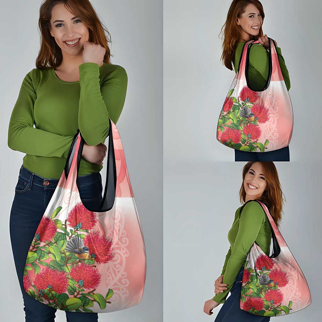 New Zealand Fantail Grocery Bag Maori Koru With Pohutukawa Flowers - Aussie Hoodie