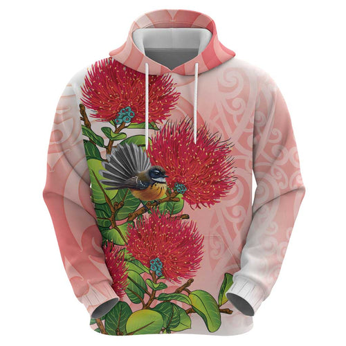 New Zealand Fantail Hoodie Maori Koru With Pohutukawa Flowers - Aussie Hoodie