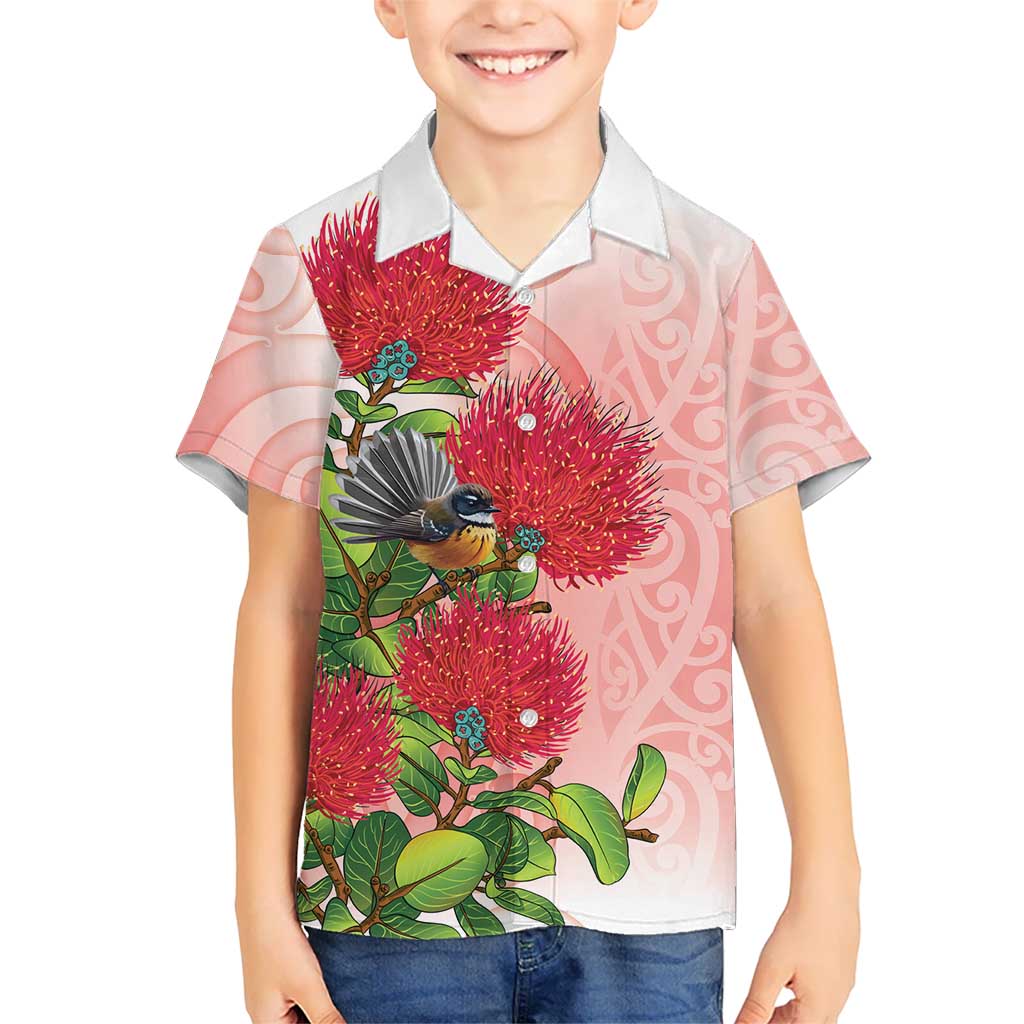 New Zealand Fantail Kid Hawaiian Shirt Maori Koru With Pohutukawa Flowers - Aussie Hoodie