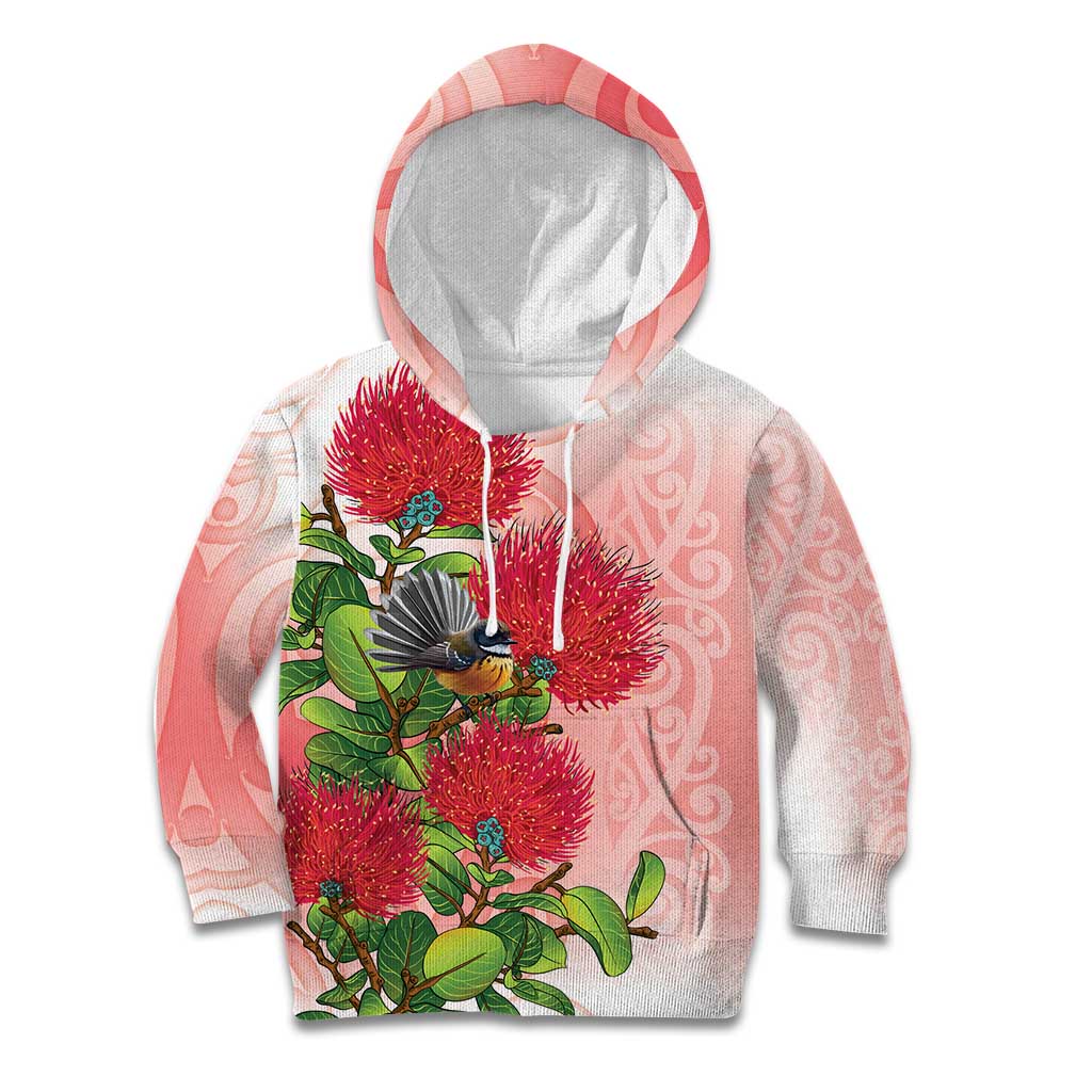 New Zealand Fantail Kid Hoodie Maori Koru With Pohutukawa Flowers - Aussie Hoodie