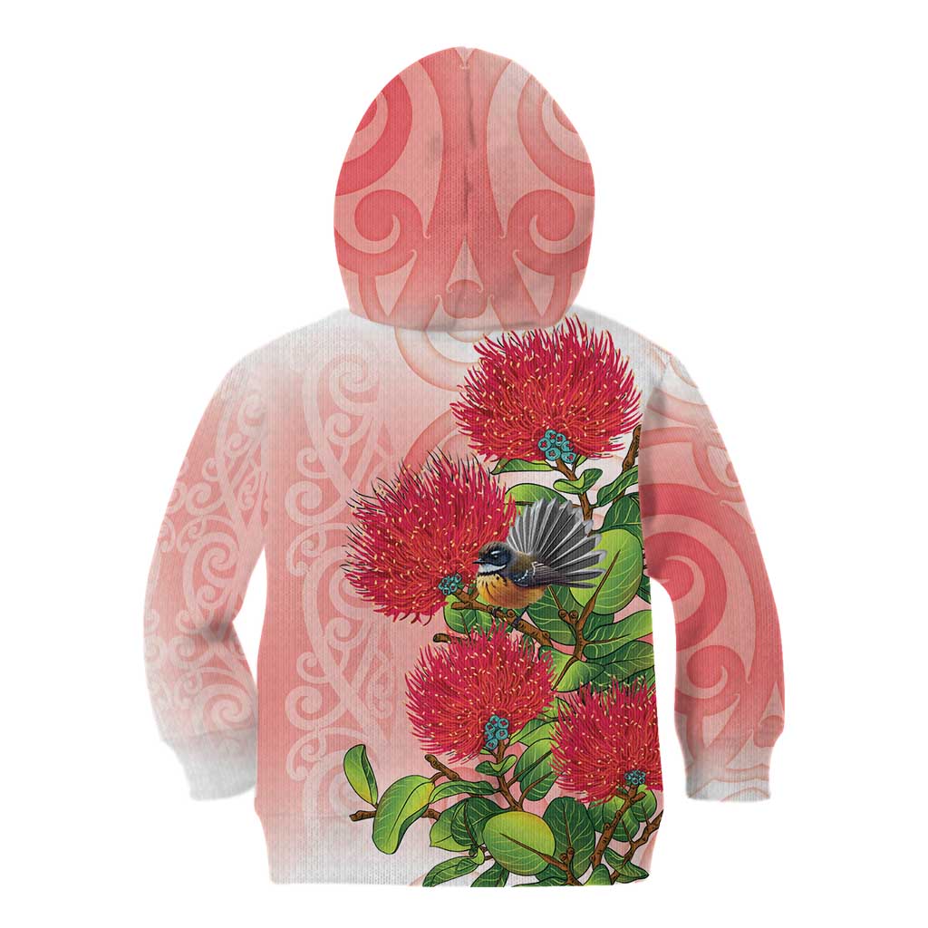 New Zealand Fantail Kid Hoodie Maori Koru With Pohutukawa Flowers - Aussie Hoodie