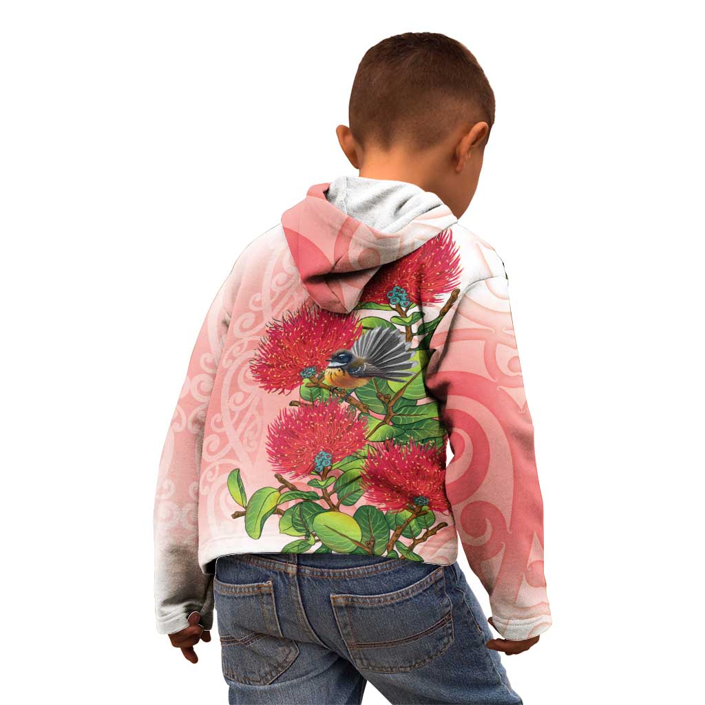 New Zealand Fantail Kid Hoodie Maori Koru With Pohutukawa Flowers - Aussie Hoodie