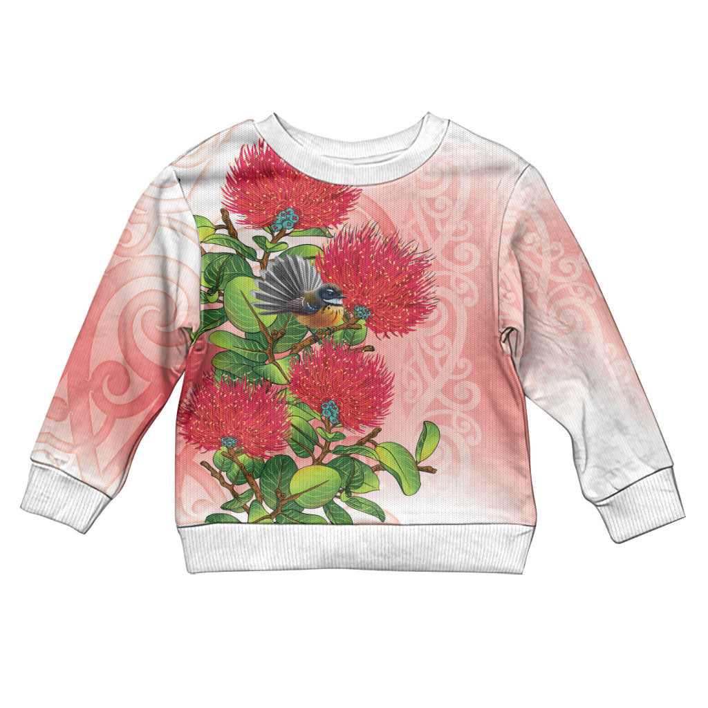 New Zealand Fantail Kid Ugly Christmas Sweater Maori Koru With Pohutukawa Flowers