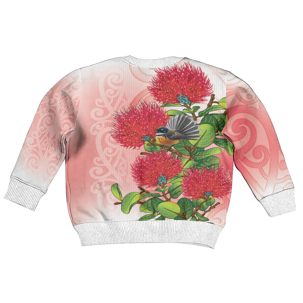 New Zealand Fantail Kid Ugly Christmas Sweater Maori Koru With Pohutukawa Flowers