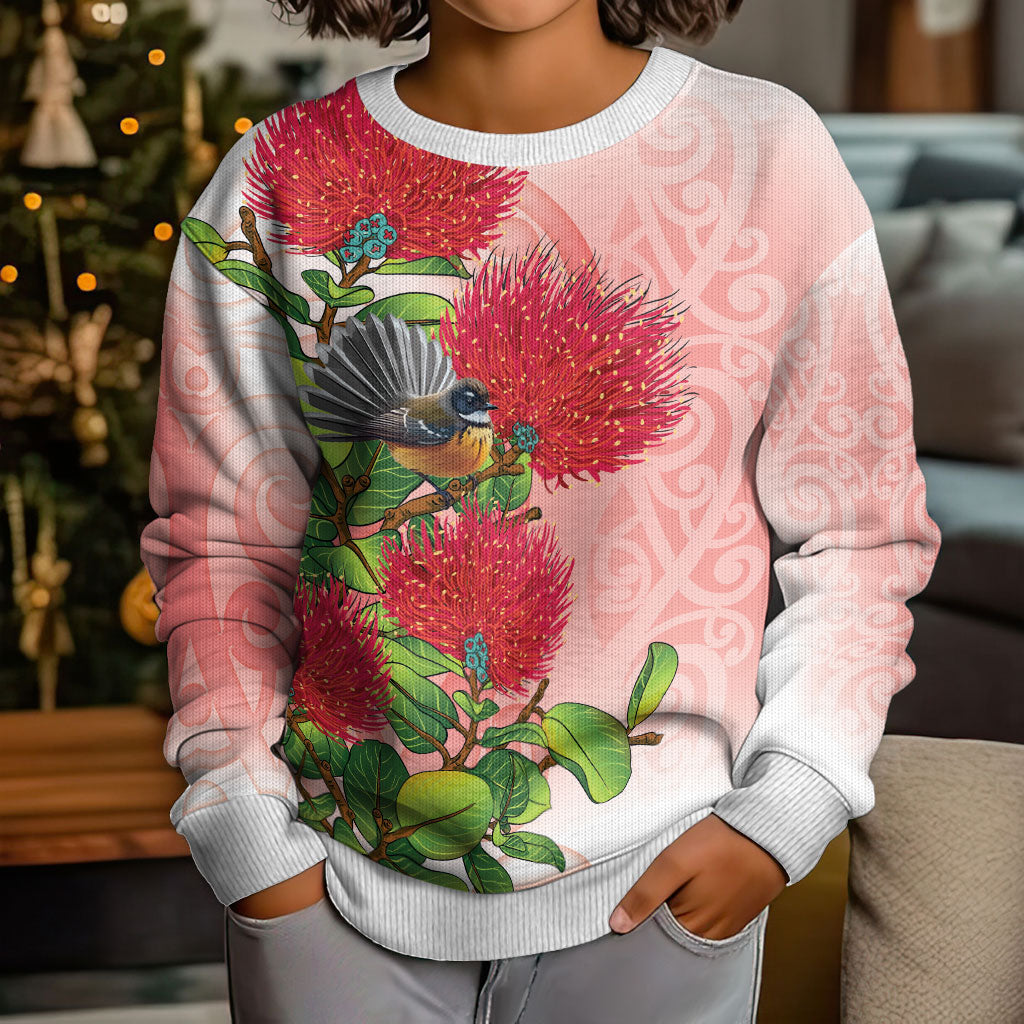New Zealand Fantail Kid Ugly Christmas Sweater Maori Koru With Pohutukawa Flowers